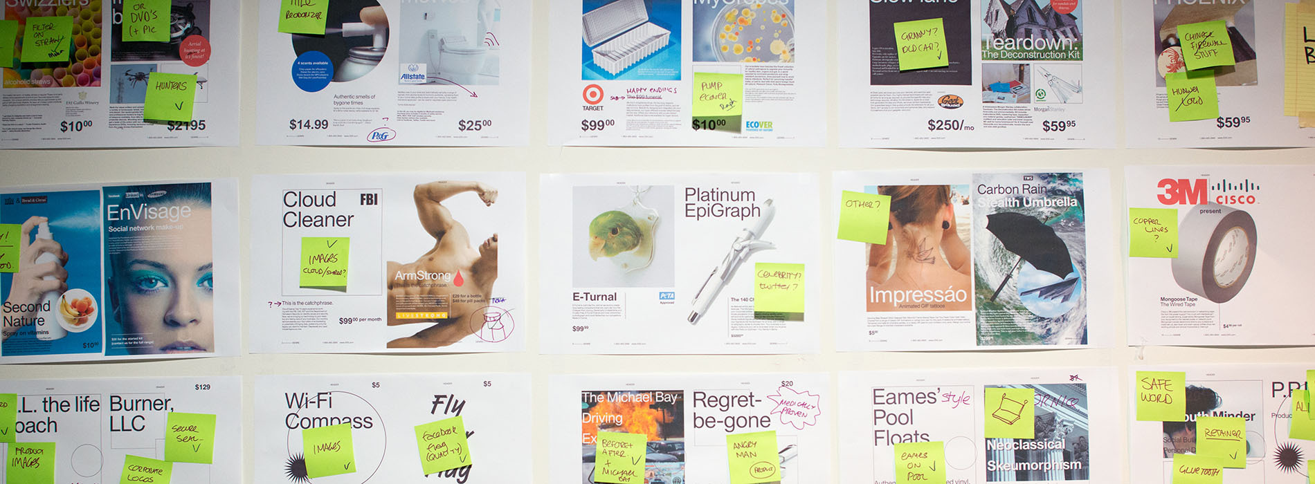 Sketches of product catalog entires for some Design Fiction products